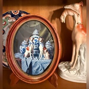 Antique Oval Frame with Chinoiserie Ginger Jars and Whippet Dogs  Print